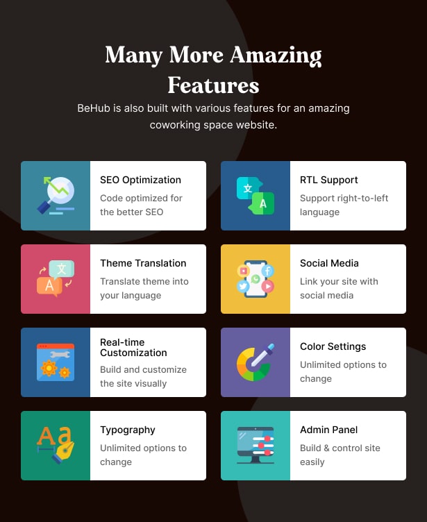 BeHub - Coworking Space WordPress Theme Amazing Features