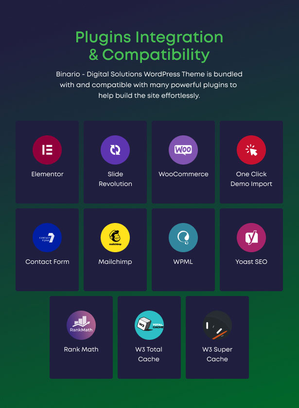 Binario - Digital Solutions WordPress Theme pluigns compatibility