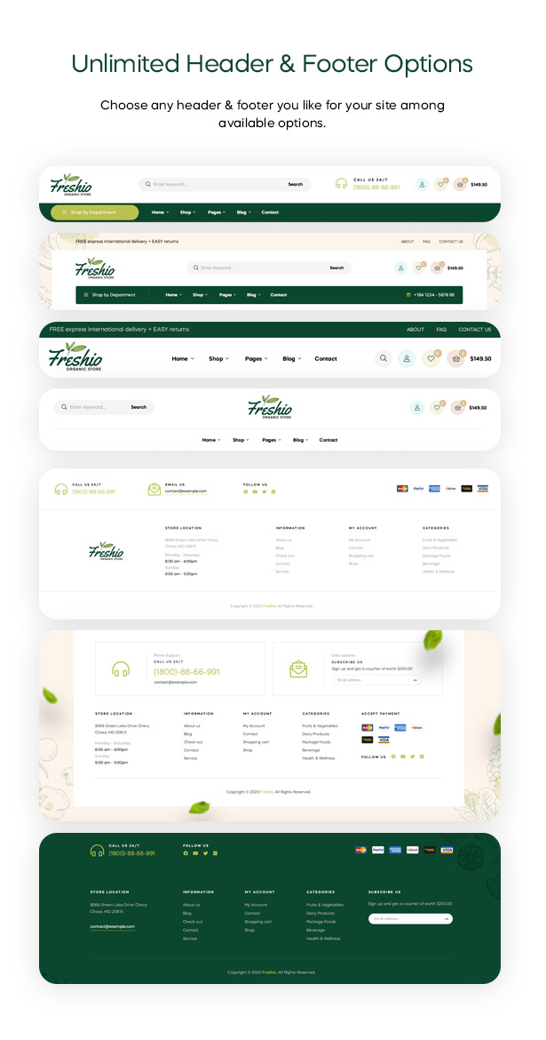 Freshio - organic food woocommerce wordpress theme headers footers