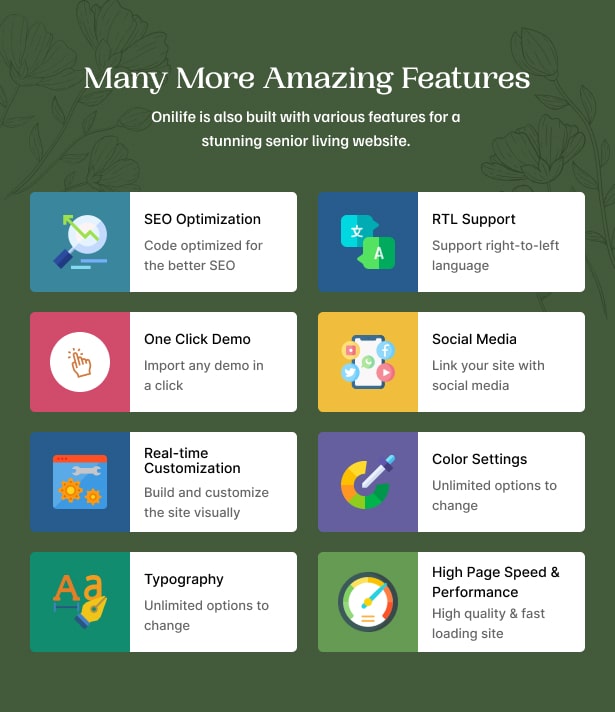 Onilife - Senior Living WordPress Theme Amazing Features