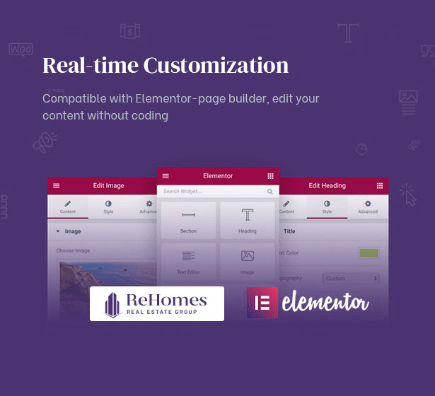 Rehomes - Tema WordPress de grupo imobiliário - Poderoso construtor de páginas de arrastar e soltar Elementor