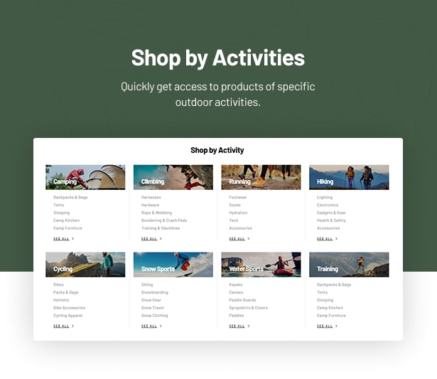 Trekky Outdoor Gear WooCommerce Theme shop by activities