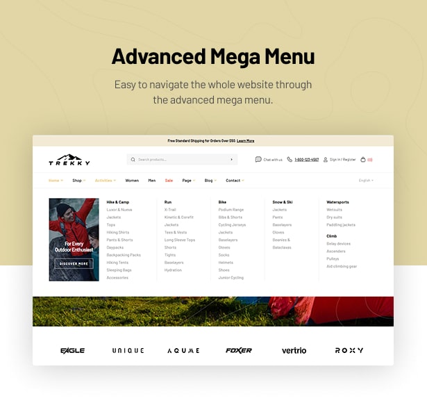 Trekky Outdoor Gear WooCommerce Theme mega menu