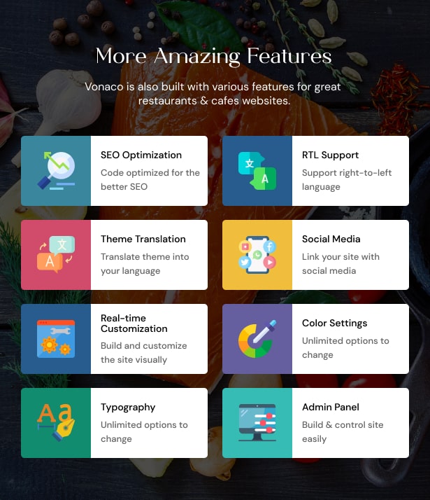 Vonaco Restaurant Coffee Shop WordPress Theme - Restaurant Features