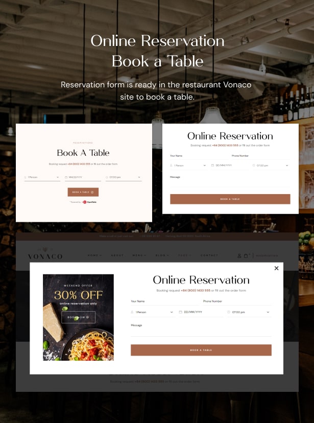Vonaco Restaurant Coffee Shop WordPress Theme - Online Booking Form