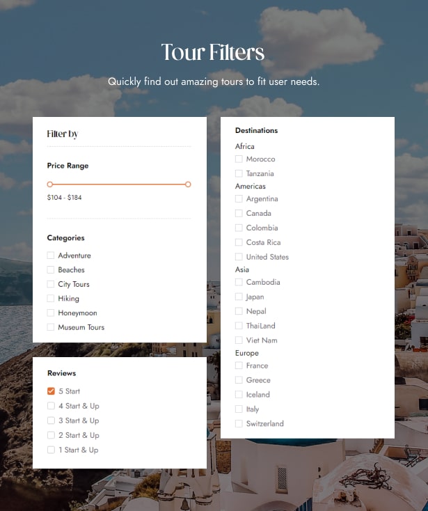 Zourney - Tema WordPress Pemesanan Tur Perjalanan - filter tur