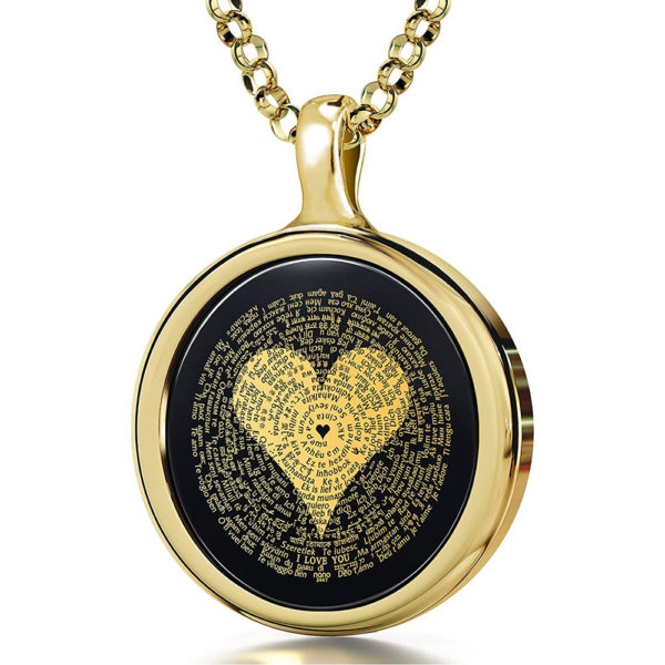 I Love You Necklace 24k Gold Inscribed in 120 Languages Including Braille and Sign Language in Miniature Text onto a Round Black Onyx Gemstone Pendant, 18" Rolo Chain