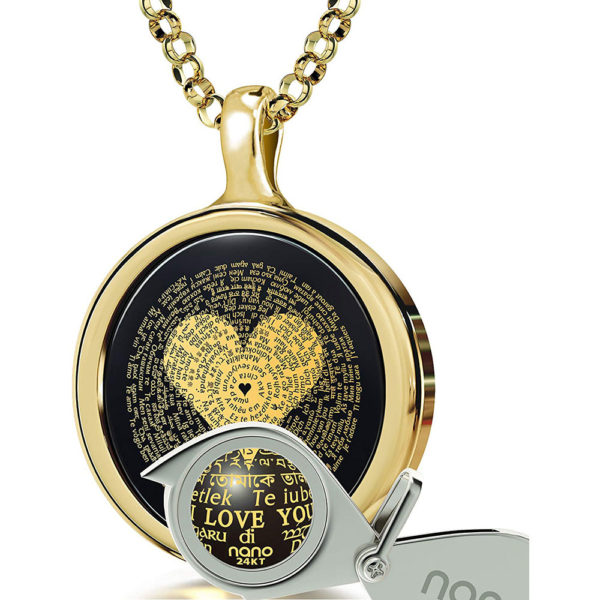I Love You Necklace 24k Gold Inscribed in 120 Languages Including Braille and Sign Language in Miniature Text onto a Round Black Onyx Gemstone Pendant, 18" Rolo Chain - Image 3