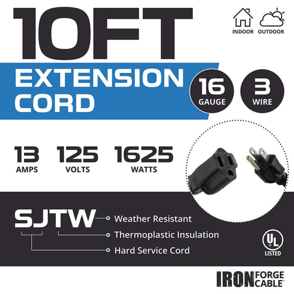 50 Ft Black Extension Cord - 16/3 Durable Electrical Cable - Image 2