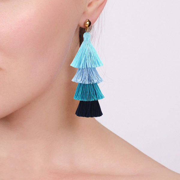 BaubleStar Tassel Earrings Handmade Tiered Thread Tassel Dangle Earrings, Multi Colors - Image 2