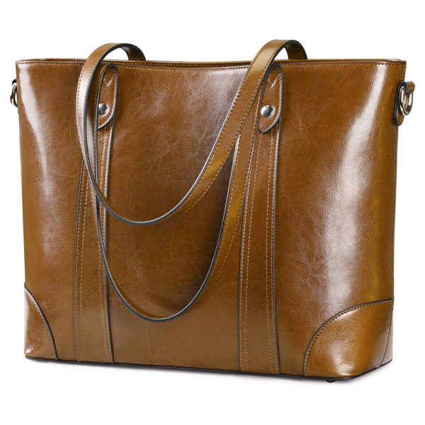 S-ZONE 15.6 Inch Leather Laptop Bag for Women Shoulder Handbag Large Work Tote