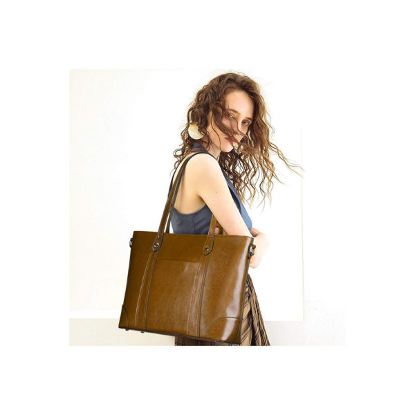S-ZONE 15.6 Inch Leather Laptop Bag for Women Shoulder Handbag Large Work Tote - Image 2