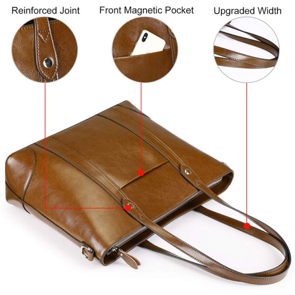 S-ZONE 15.6 Inch Leather Laptop Bag for Women Shoulder Handbag Large Work Tote - Image 3