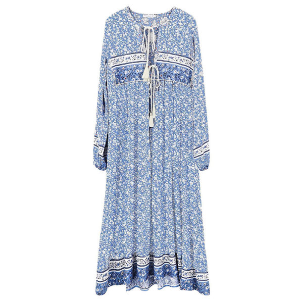 R.Vivimos Women's Long Sleeve Floral Print Retro V Neck Tassel Bohemian Midi Dresses
