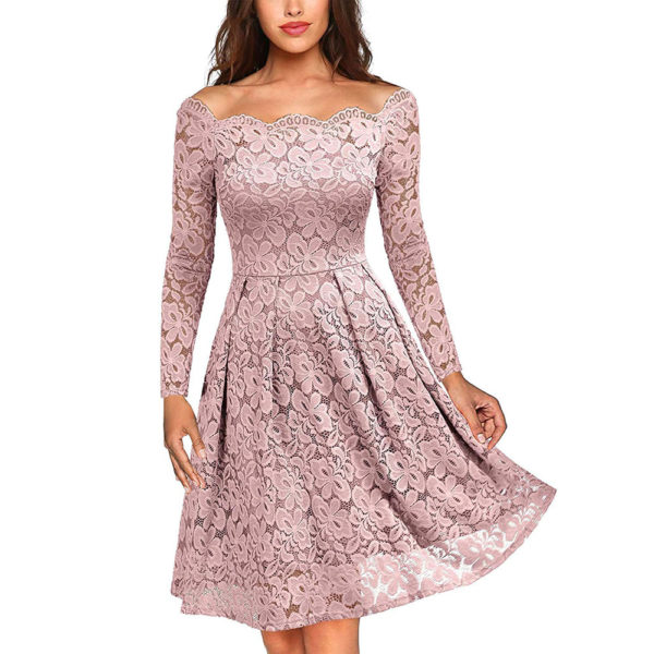 MISSMAY Women's Vintage Floral Lace Long Sleeve Boat Neck Cocktail Party Swing Dress