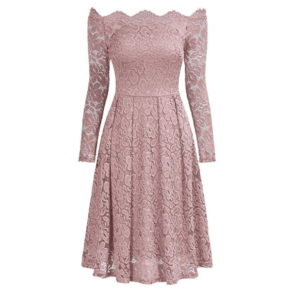 MISSMAY Women's Vintage Floral Lace Long Sleeve Boat Neck Cocktail Party Swing Dress - Image 2