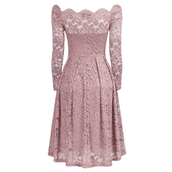 MISSMAY Women's Vintage Floral Lace Long Sleeve Boat Neck Cocktail Party Swing Dress - Image 3